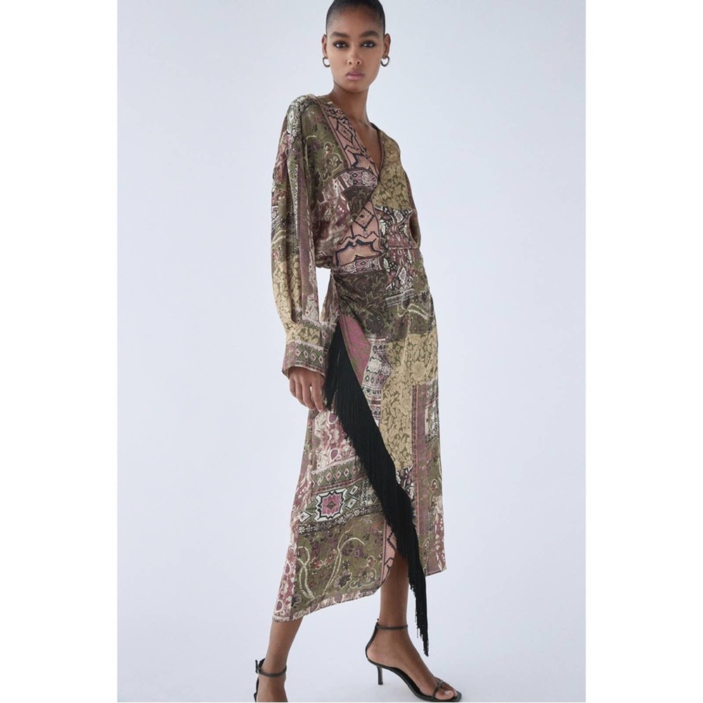 ZARA Printed Wrap Midi Dress Fringe Detail Medium